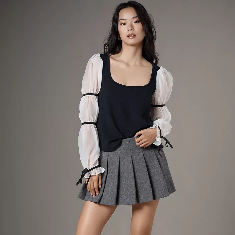 Anthropologie - Maeve Black and White Sheer Sleeve Top
